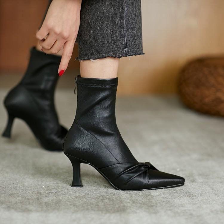 Thin Heel High Heel Thin Boots Women's Bow 2025 Autumn and Winter New Korean Version Elastic Rear Zipper Middle Heel Short Boots Women