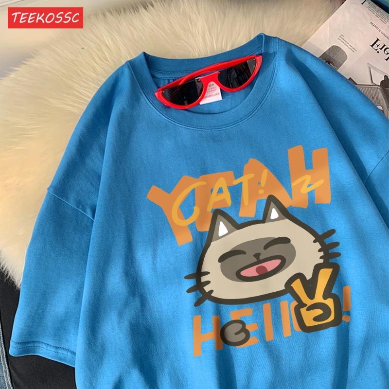 Say Hello, Little Catcotton Womens T-Shirts Cartoons Printing Tops O-Neck Soft Comfortable Short Sleeve Summer Casual Clothes