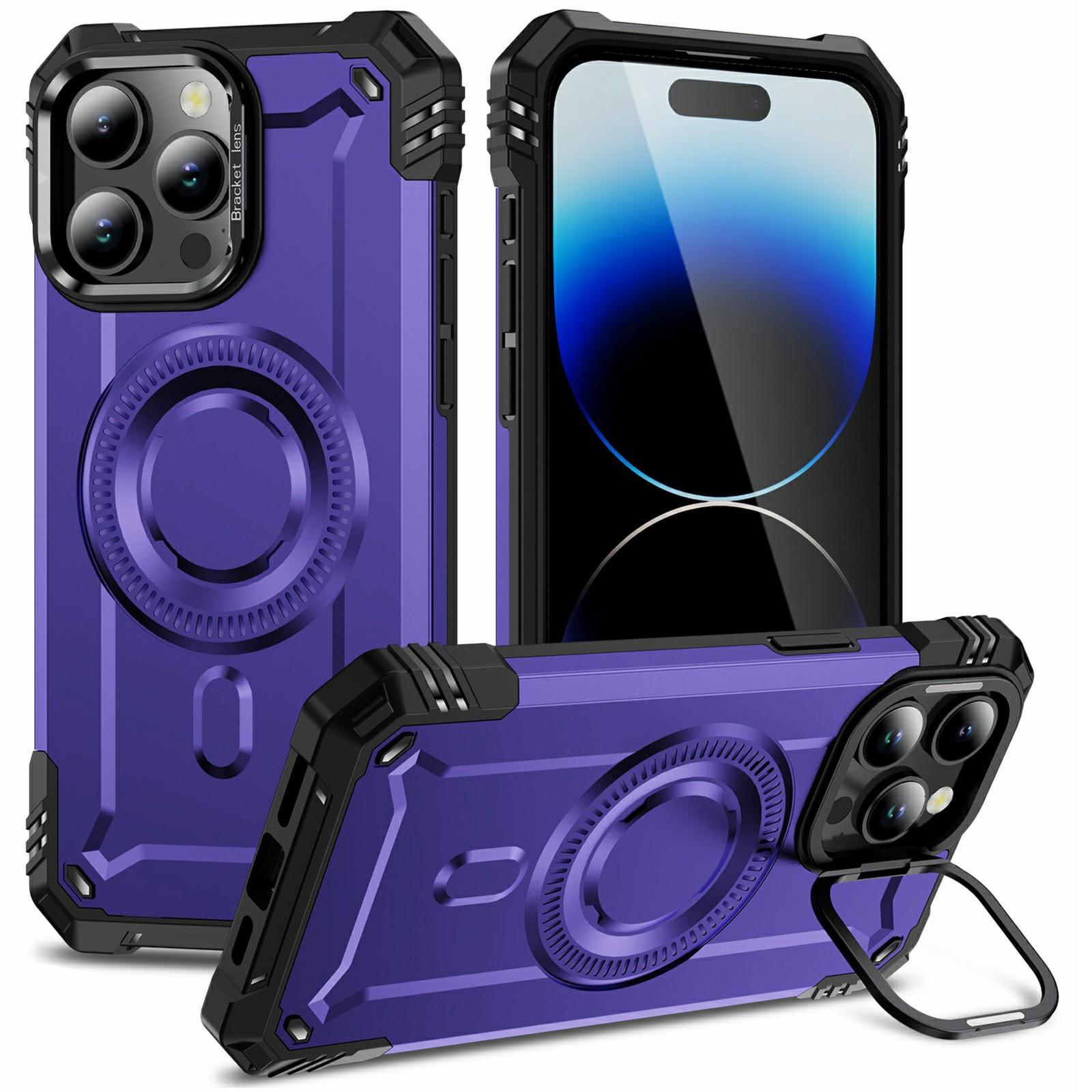

For iPhone 14 Pro Max Magnetic Case Lens Kickstand PC+TPU Shockproof Phone Cover Purple