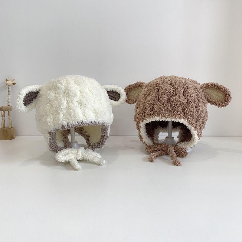 Baby hat winter lamb ear cover cute boy and girl baby warm windproof outdoor lamb wool ear hat