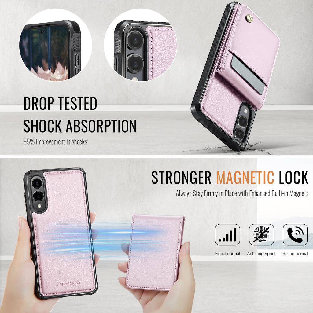 For Samsung Galaxy S25 Edge Leather Back Cover Compatible with MagSafe JEEHOOD J06 Phone Case with Card Bag RFID Blocking