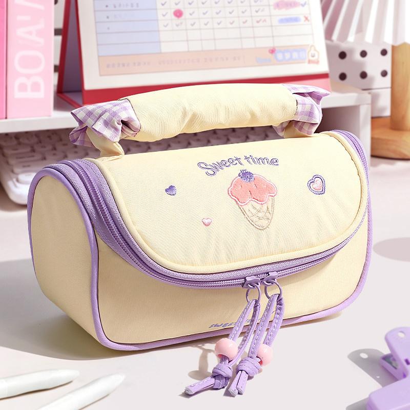 Large Capacity Check Pencil Bag Aesthetic Portable Stationery Pouch with Multi Slots for Students School Daily Use