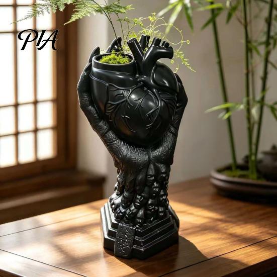 Devil Palm Flower Pot Hand Holding Human Heart Organ Vase, Gothic Anatomical Shaped Skull Base Ornament Spooky Halloween Desktop for Living