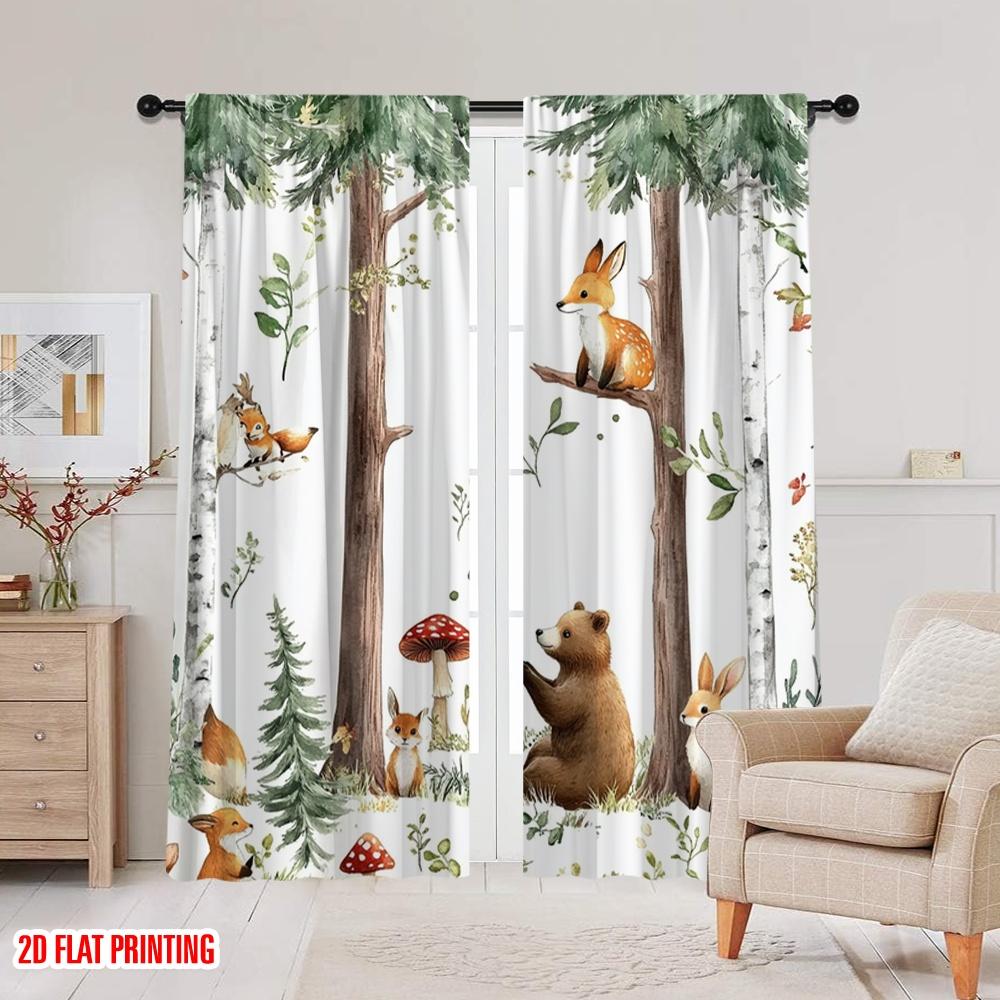 2D Flachdruck 2 Stück Fenstergardinen Niedliche Waldtiere Vielseitig 100% Polyester, Ohne Strom Familienparty Dekoration