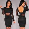 Fashion Sexy Long Sleeve Backless Mesh Splicing Sexy Dress Slim Crew Neck Black Summer Bodycon Dress Female Club Casual Clothing