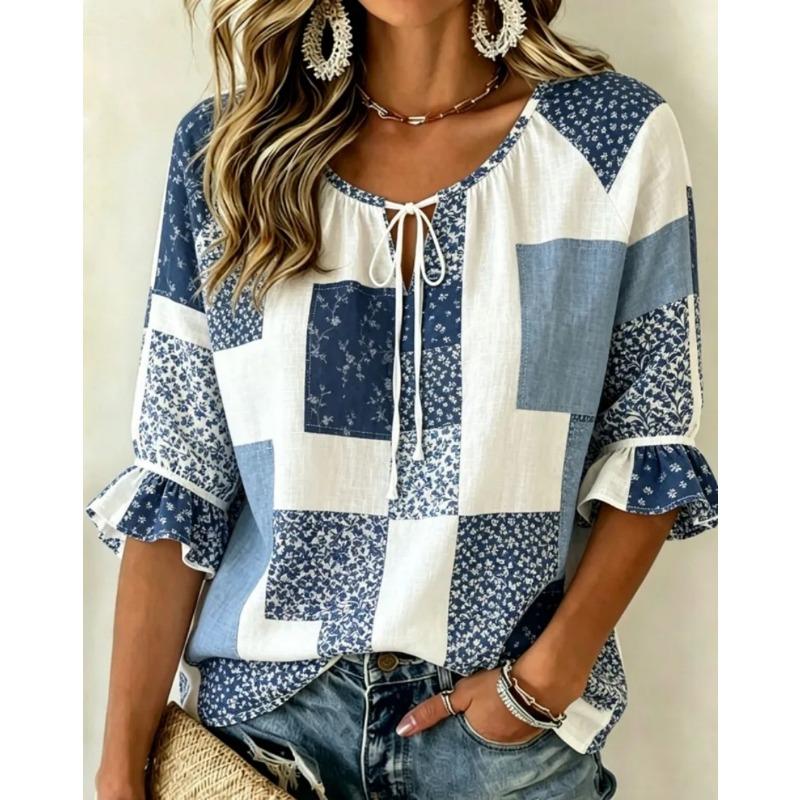 Damen Mehrfarbiger Print Krawattenfront V-Ausschnitt 3/4 Rüschenärmel Lockere Bluse, Lässiges Tägliches Oberteil