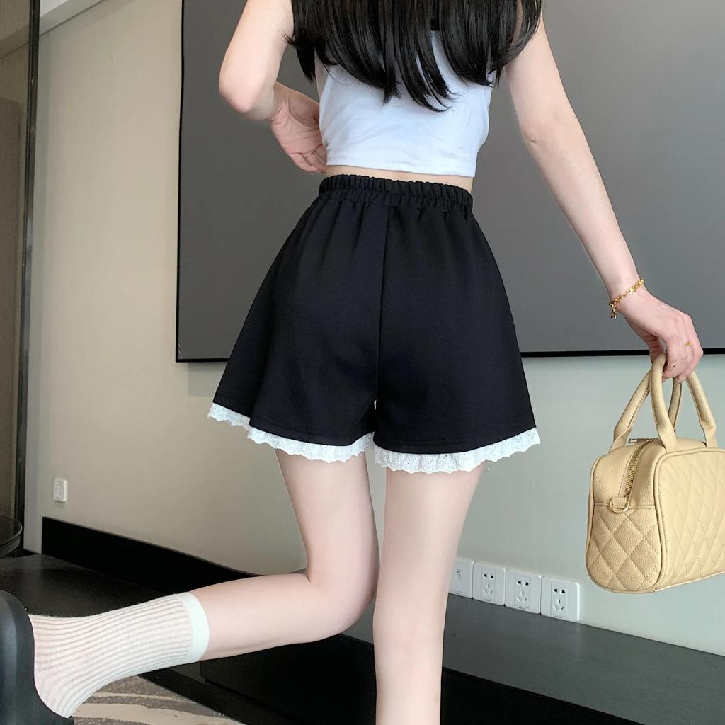 Women Lace Patchwork Shorts Elastic Summer Female Loose Wide Leg Straight Short Pants Solid Color Lady Casual High Waist Bottoms