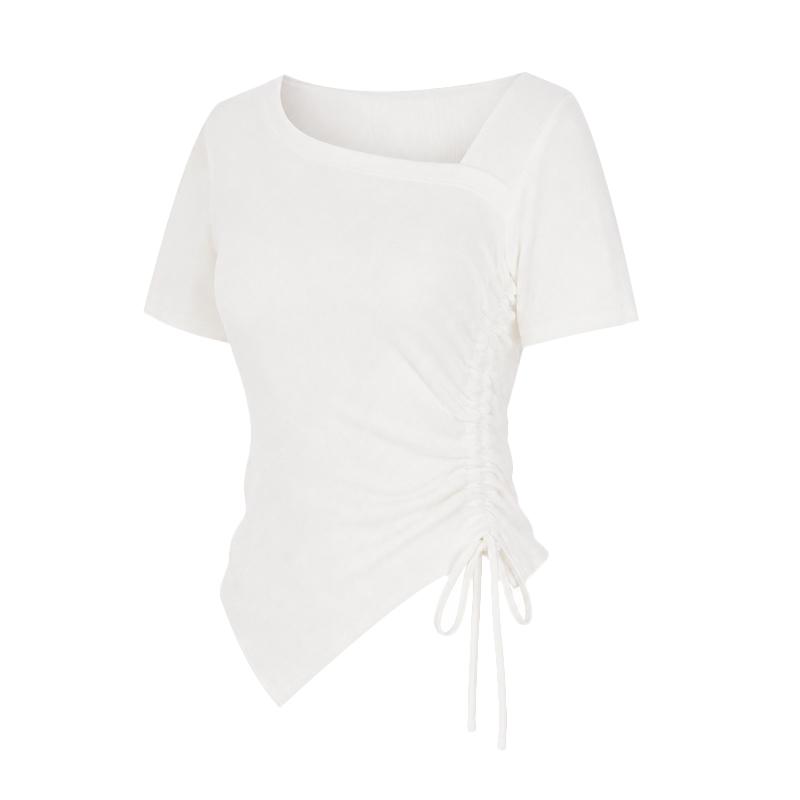 SELLY'S Asymmetrical Shirred Short Sleeve T-Shirt_I6B-Cts042