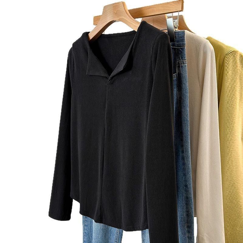 V-neck Base Blouse for Women Can Wear Latest Early Spring Long-sleeved T-shirt with Slim Fit and Slim Top for Flesh Covering