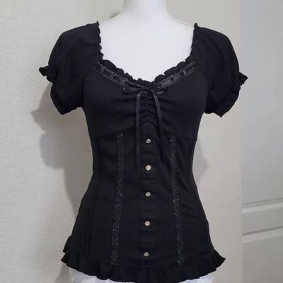 Vintage Černá Módní Mašle Sladká Halenka Dámská Krátký Rukáv Čtvercový Výstřih Slim Šik Top Nové Elegantní Ležérní Y2K Retro Outfity 2025