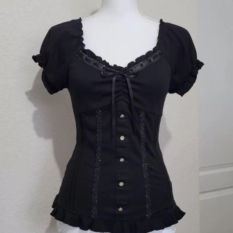 Vintage Black Fashion Bow Sweet Blouse Women Short Sleeve Square Neck Slim Chic Tops New Elegant Casual Y2K Retro Outfits 2025