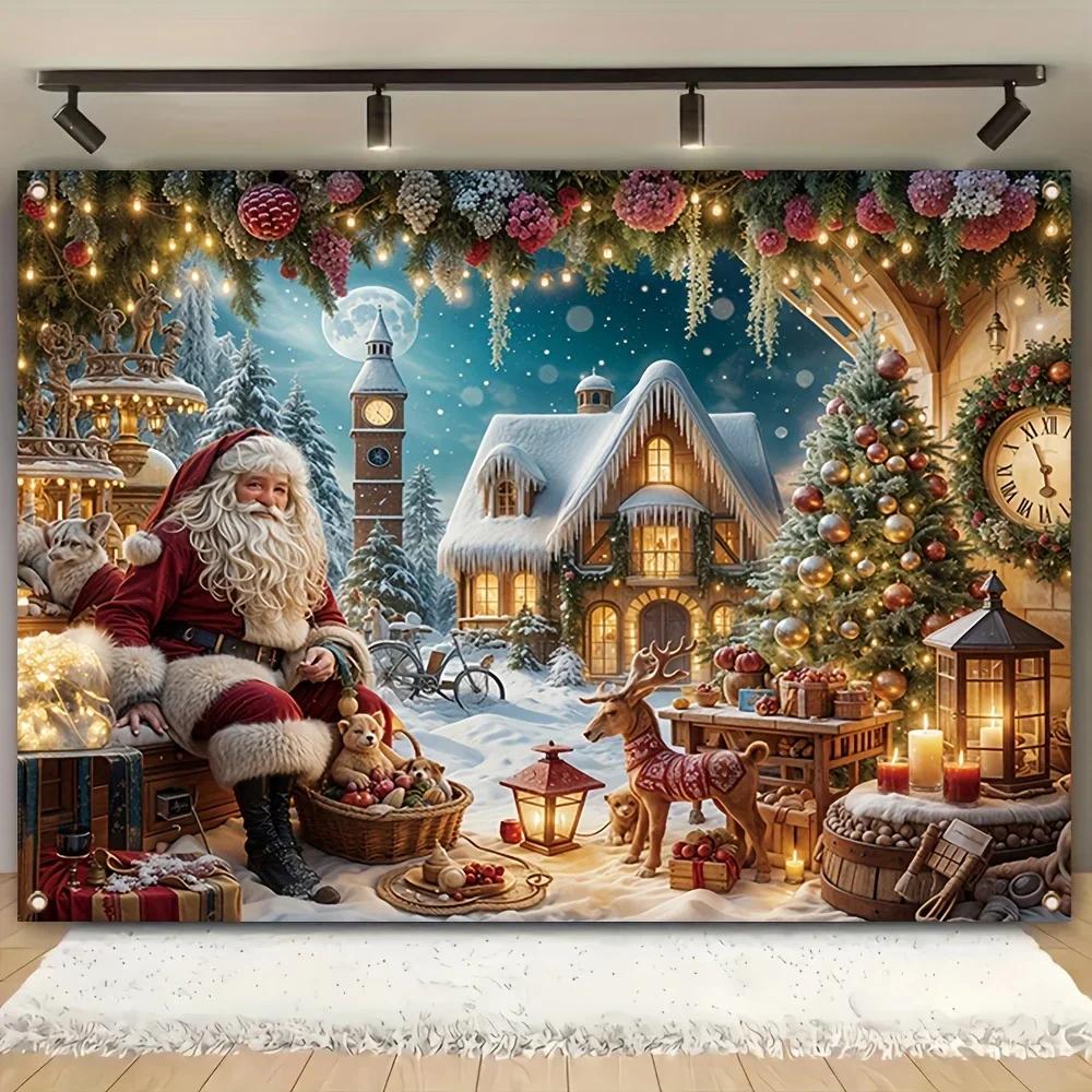 Santa Claus Gingerbread House Christmas Background Banner Polyester Suitable Party Decoration Outdoor Curtain Made Of Washable