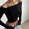 Fashion Style Autumn Basic Minimalist Finger Fit Design Sleeve Pure Color off-Neck Shoulder-Baring Bottoming Outwear Black T-shirt T-Shirt