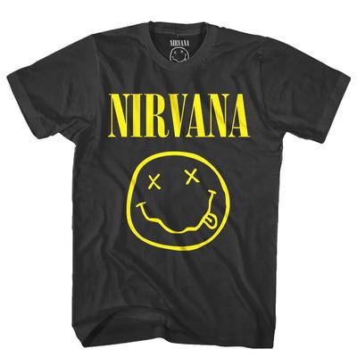 Camiseta Nirvana Logo Grande Cara Sonriente Clásica 90s Grunge Rock Vintage Negra Unisex Oversize Negra Oversize Camisetas para Mujer y Hombre