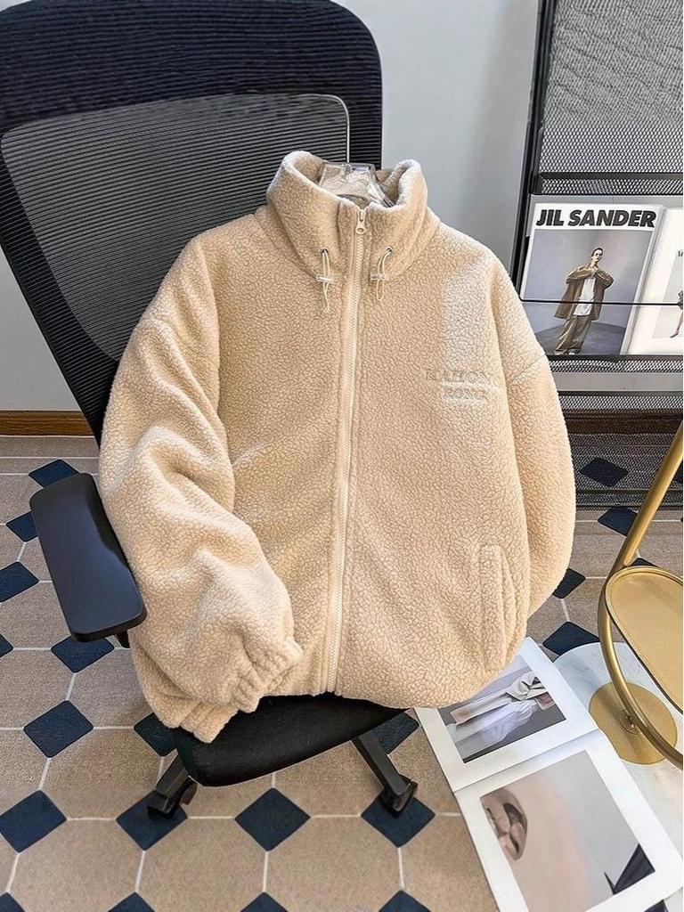 Herren Trendy Fleece Stehkragen Jacke - Winter Lammwolle, Dick, Warm, Lässiger Baumwollmantel