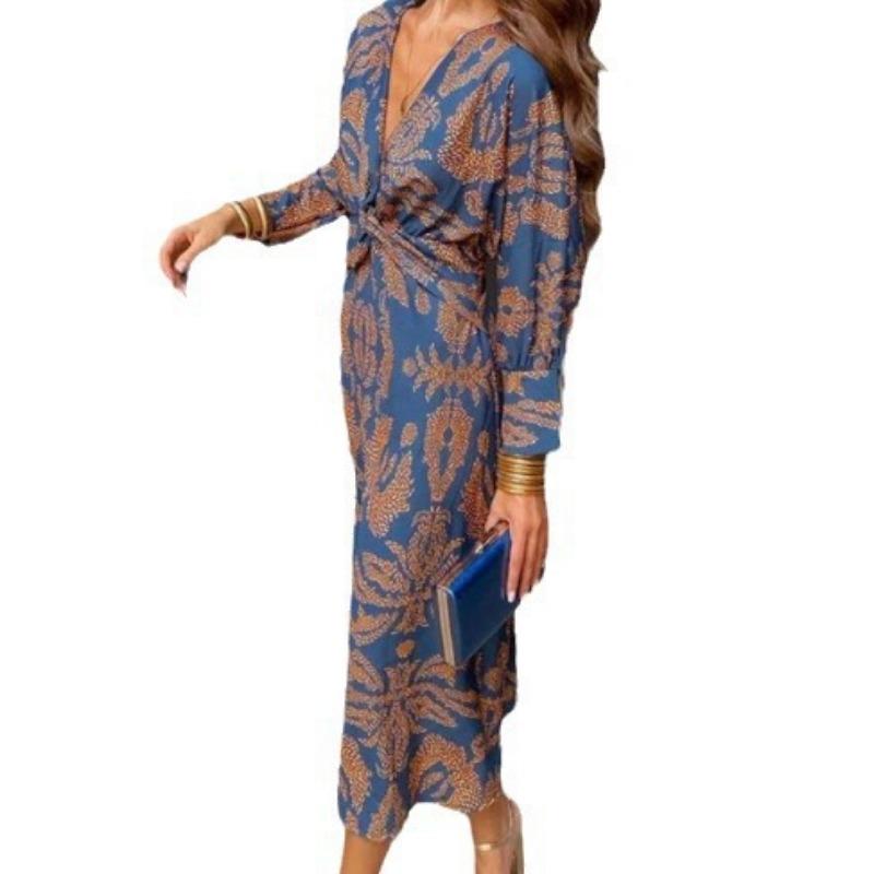 DAFIFY Women's Fashion Spring Fall Long Sleeve V-Neck Middle Waistline Casual Dresses