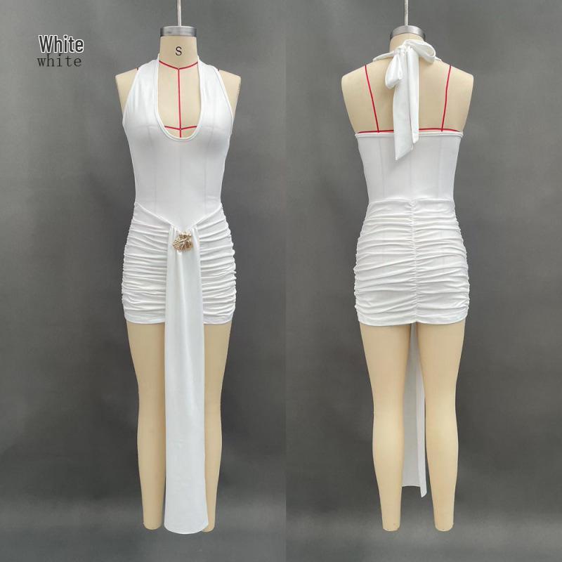 European & American Style 2025 Summer Women s Slimming Backless Solid Color Halter Bodycon Dress M