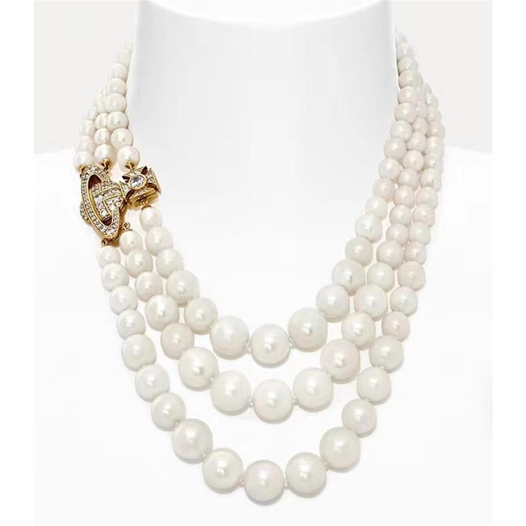 Tooxika Triple Gradient Pearl Magnetic Clasp Saturn Necklace Luxury Collar Chain For Women