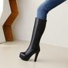 Moda Iarnă Cizme înalte de damă Platformă Cizme neagră cu genunchi Tocuri înalte Fit larg Fermoar Lungi Înalți Pantofi de petrecere Damă Marime mare 45 48