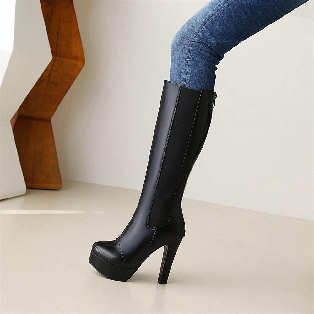Moda Iarnă Cizme înalte de damă Platformă Cizme neagră cu genunchi Tocuri înalte Fit larg Fermoar Lungi Înalți Pantofi de petrecere Damă Marime mare 45 48