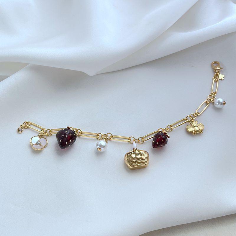 Niche Mori-Style Floral Strawberry Pearl Bee Metal Bracelet
