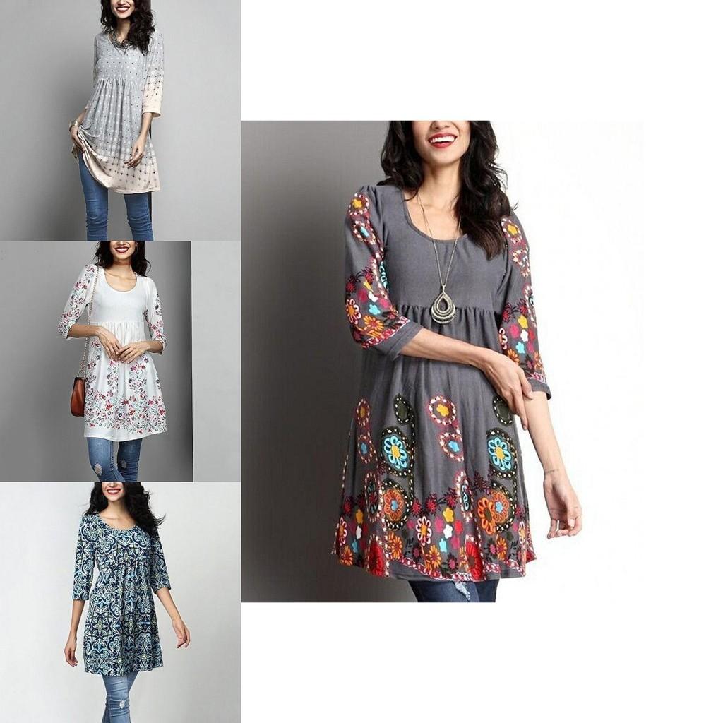 Elegantes Plus Size Damen Druck Langarm Mini Kleid T-Shirt Tunika Herbst S-5XL