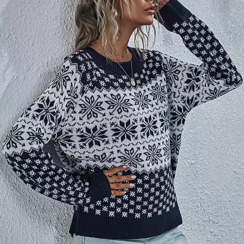 IHUASU Women's Snowflake Knit Loose Christmas Long Sleeve Pullover O-Neck Knitted Sweater