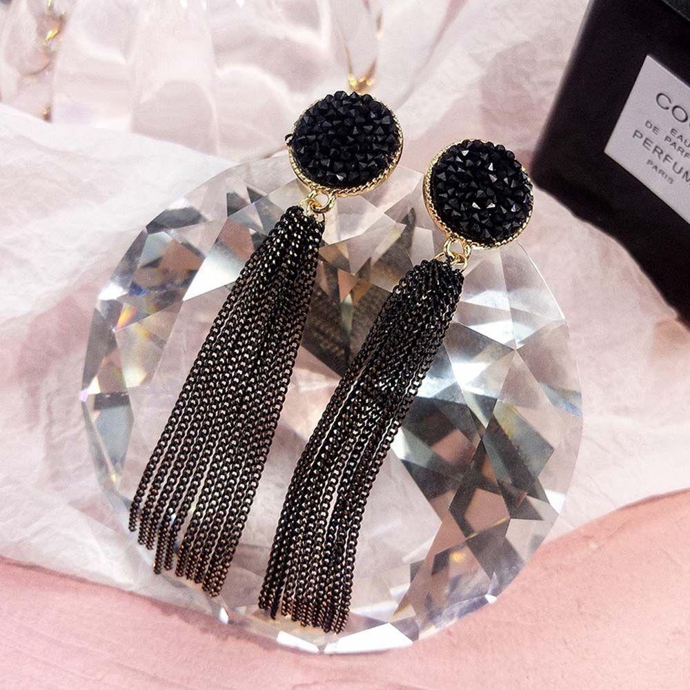 Women Elegant Long Party Accessories Round Black Fashion Ear Studs Tassel Dangle Earrings Jewelry