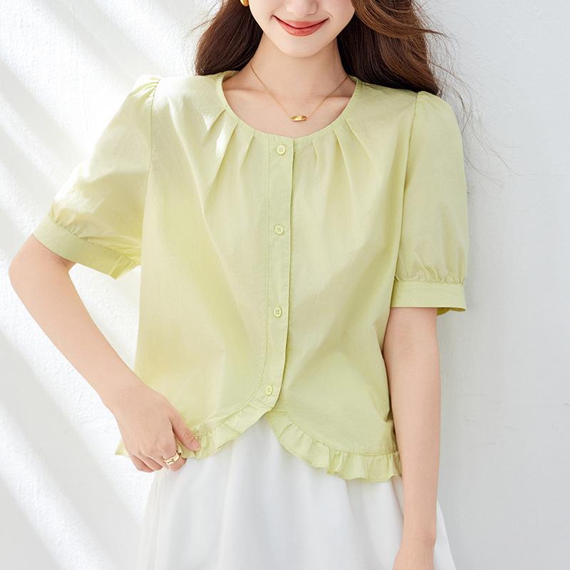 Round-neck White Shirt for Women In Five-quarter Sleeve Summer New Style Wood Ear Design Top Pure Cotton Shirt