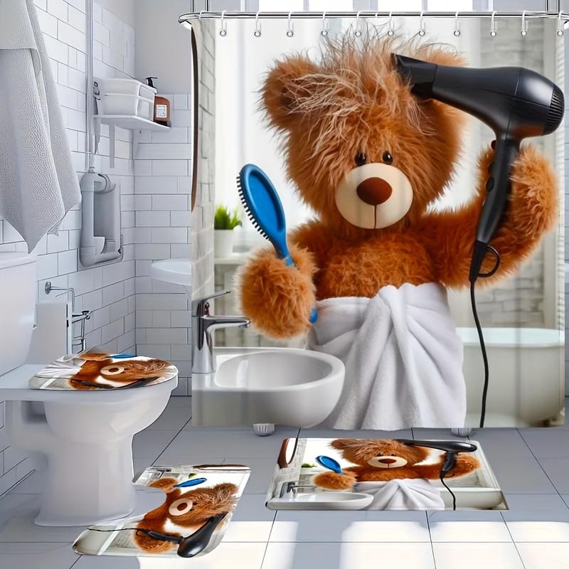 1/4pcs Funny Teddy Bear Shower Curtain Set Cute Animal Drying Hair Pattern Waterproof Fabric Bath Curtain with 12 Hooks Non Slip Rug and Toilet Cover