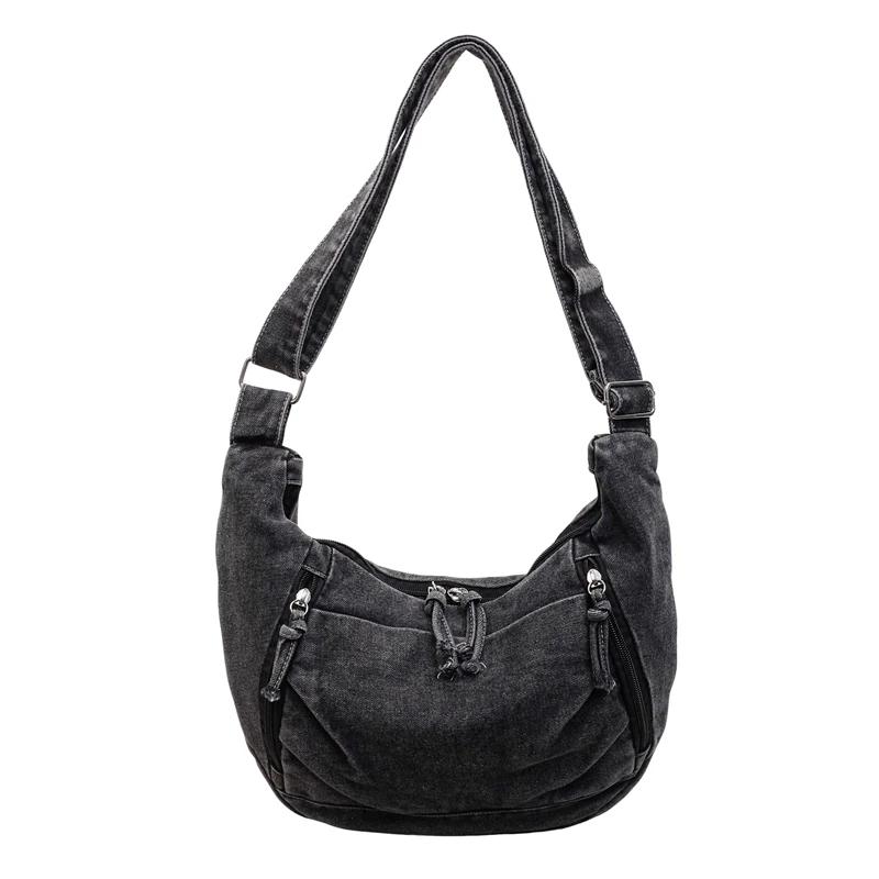 

High Quality Solid Color Large Capacity Shoulder Bag Durable Casual Versatile Crossbody Bags Hot Sale Denim Tote Bags for Women чёрный