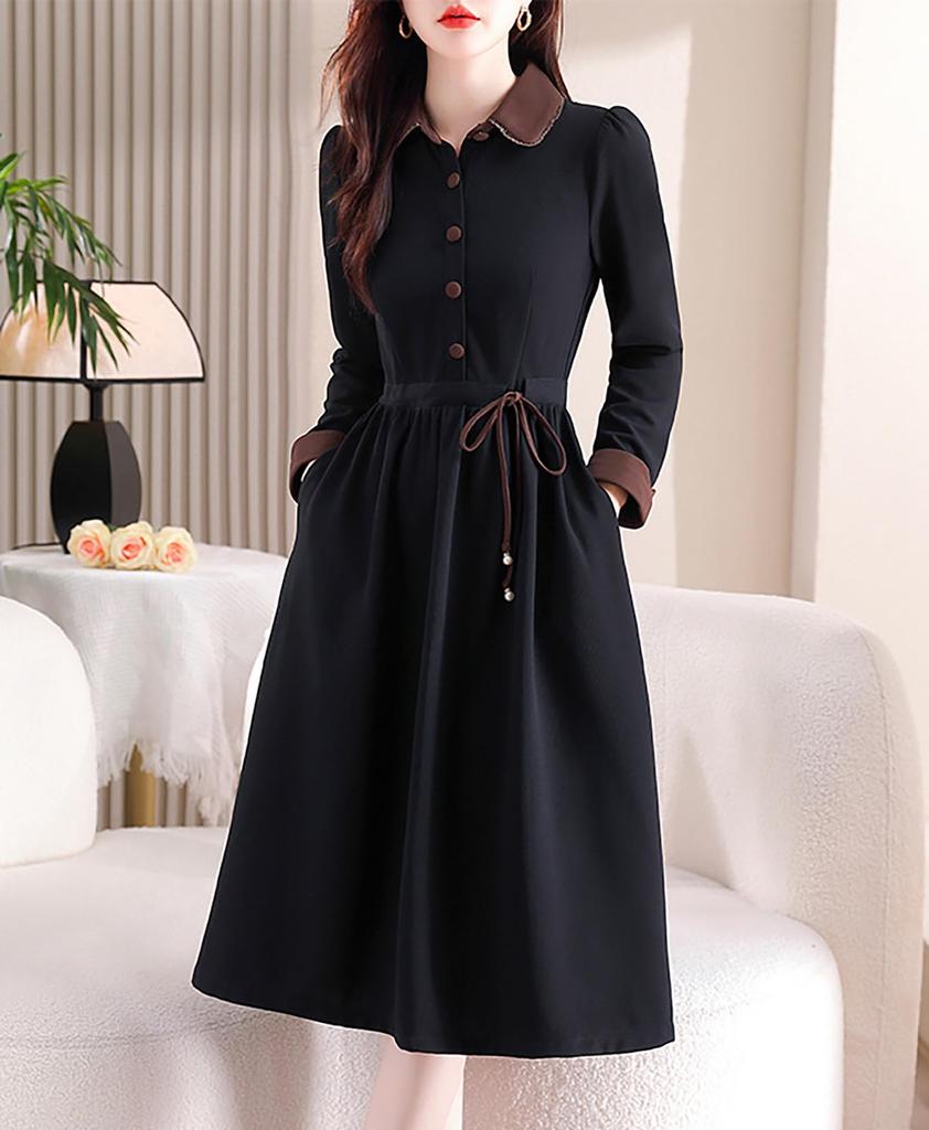 Seira Shirt Long High Retro Perfect for Commuting Women's Dress, Autumn/Winter, Sleeve, Knee-Length, Fold-Over Collar, Waist, A-Line, Style, Slimming,