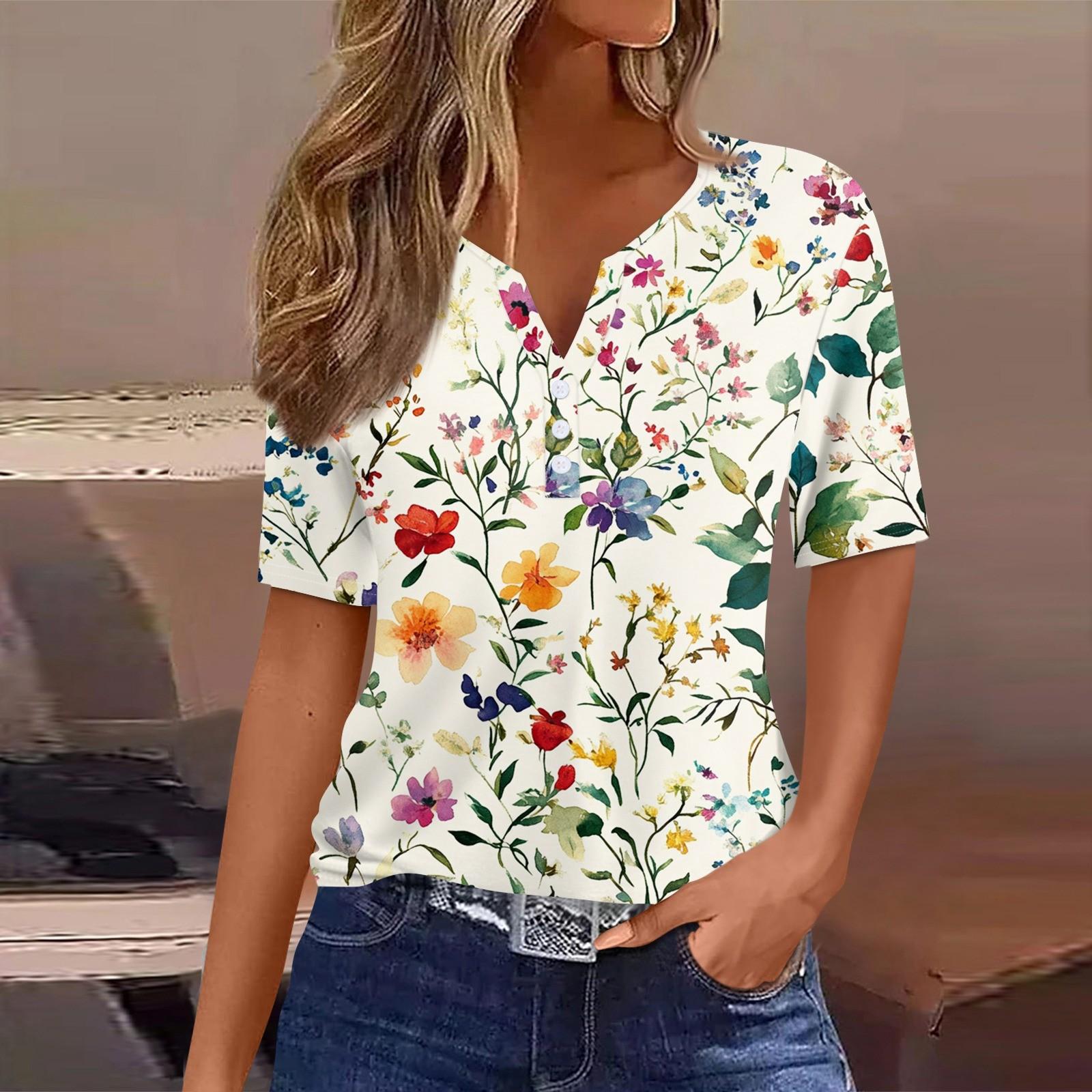 Women s Casual Printed V-Neck Short Sleeve Decorative Button T-Shirt Top L