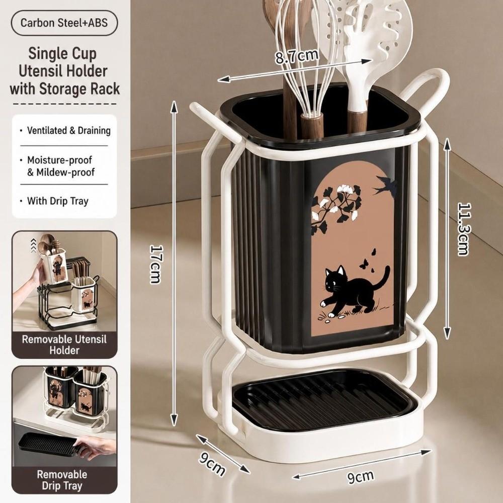 Carbon Steel Kitchen Utensil Holder Detachable Cute Cat Pattern Cutlery Organizer Standing No-drill Utensil Stand