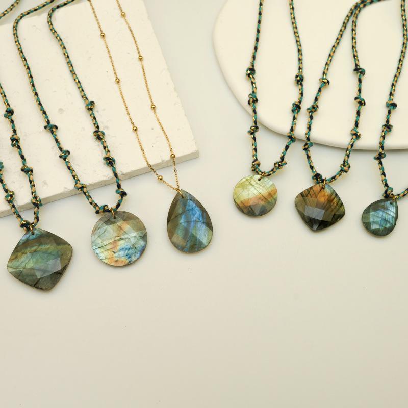 Elegant Blue Braided Rope Labradorite Necklace with Stainless Steel and Natural Stone Pendant
