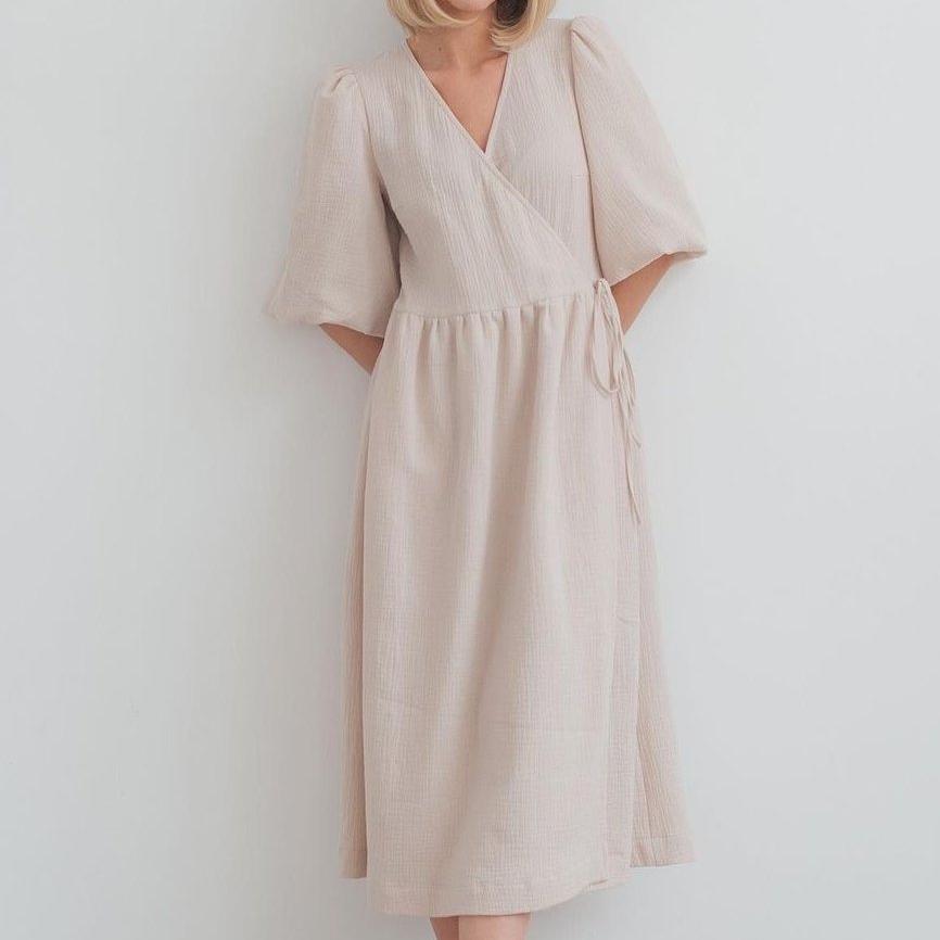 French Sweet Atmosphere Solid Color Long Dress V-neck Puff Short Sleeve Tie Dress