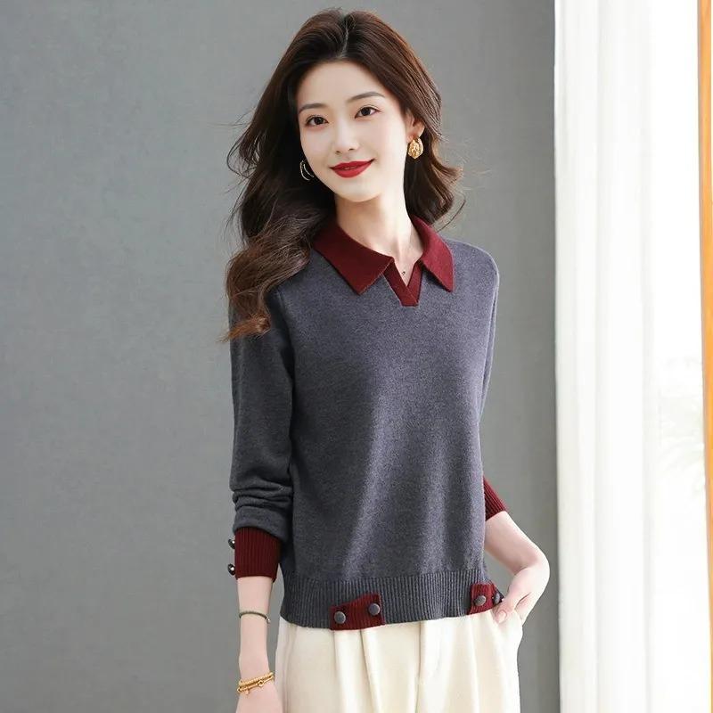 Lapel Solid Color Short Women's Knitted Sweater Pullover Base, New Autumn and Winter Fashion Temperament Sweater