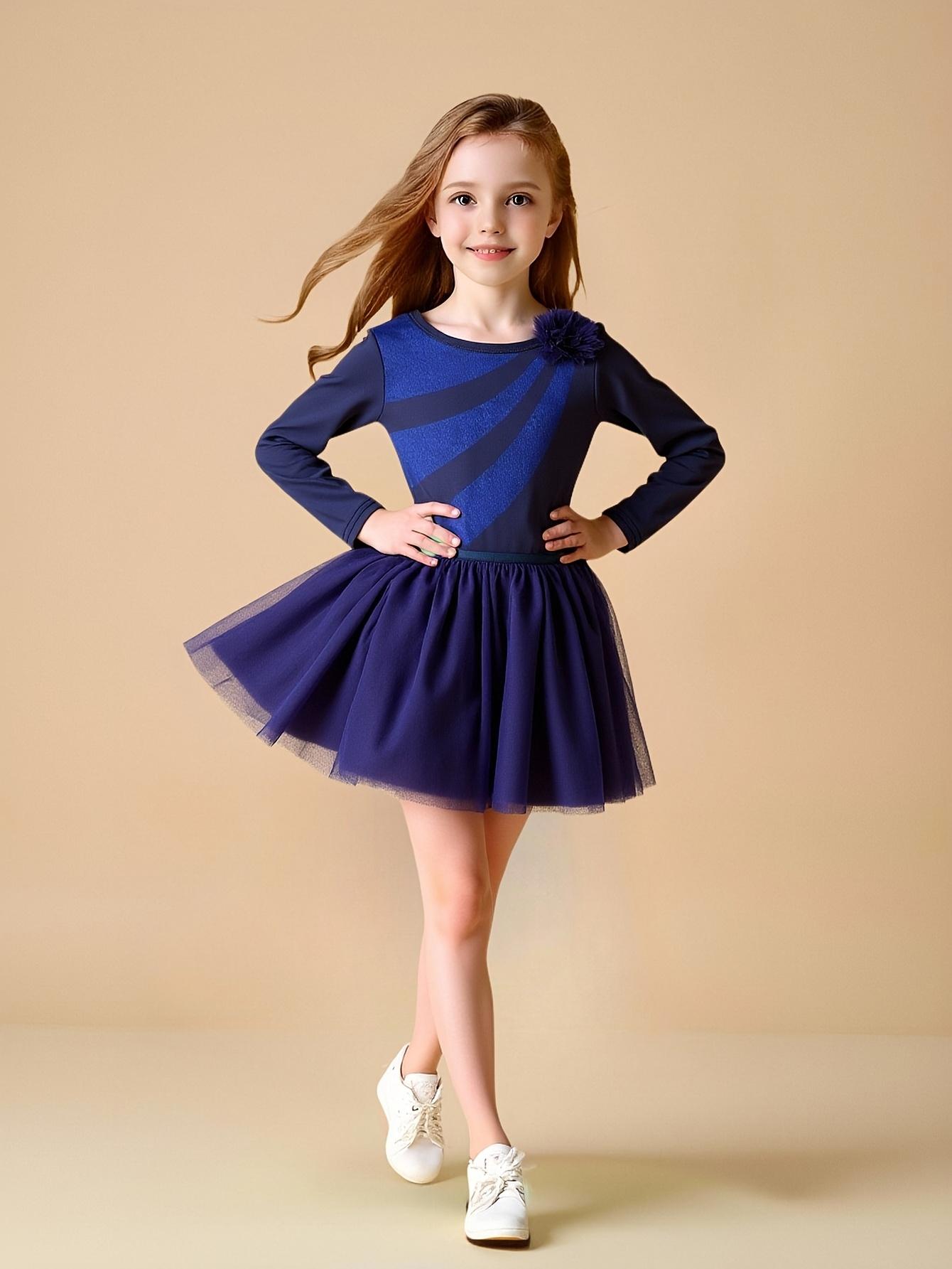 Girls Dance Outfit Set 4-7 Years Long Sleeve Round Neck Floral Stripe Starry Mesh Shoulder Flower Top Skirt Dance Costume 4Y синий