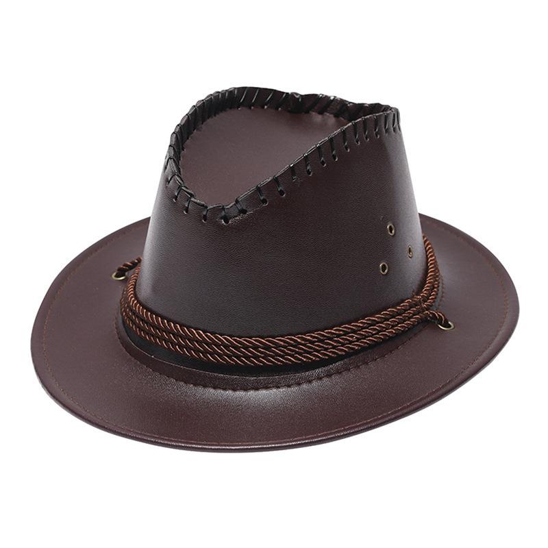 Western Cowboy Hat PU Solid Color Strap Stage Performance British Top Hat Ethnic Style Outdoor Shade Knight Hat Tide