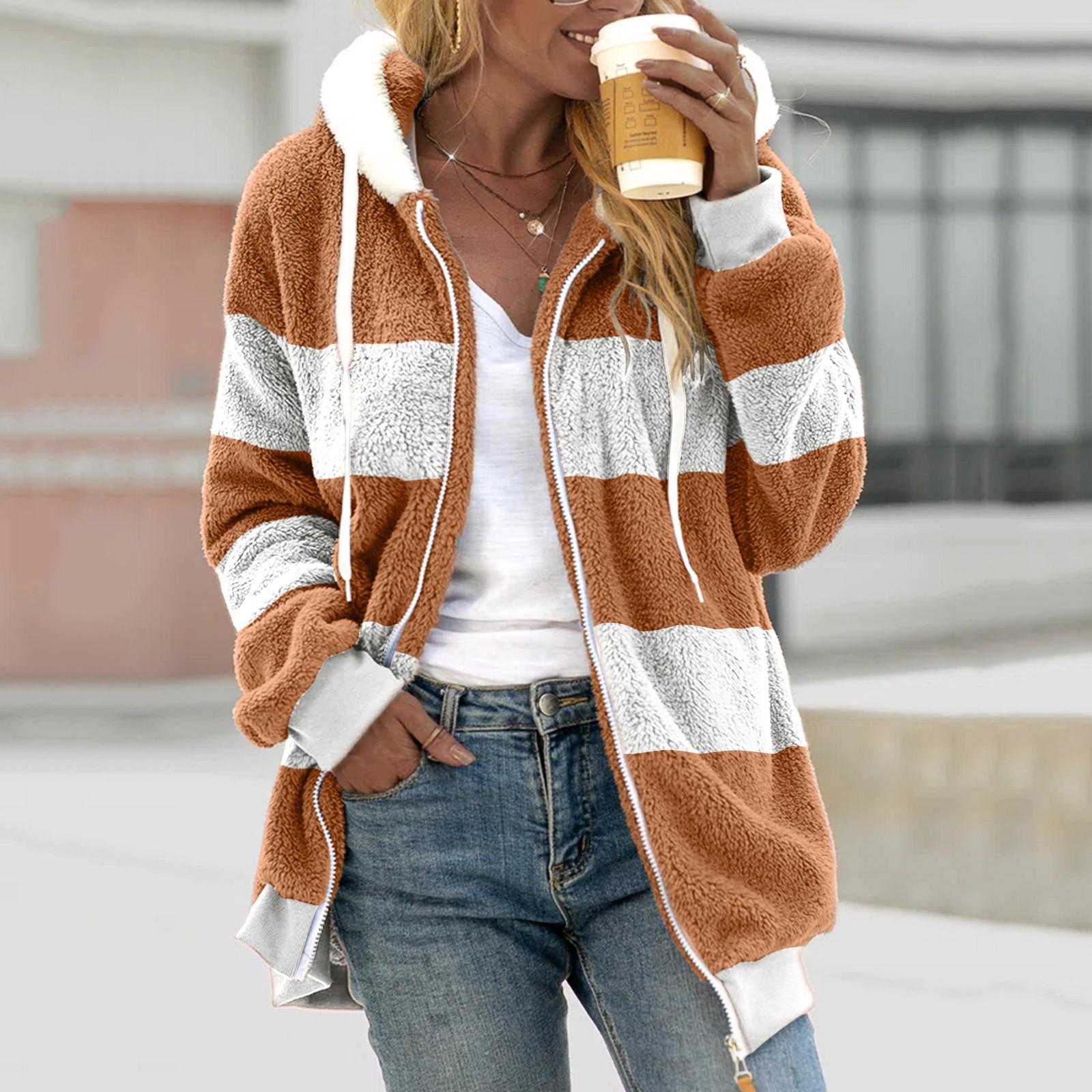 

Жіноча модна повсякденна вільна плюшева куртка з капюшоном і швами в смужку L коричневий