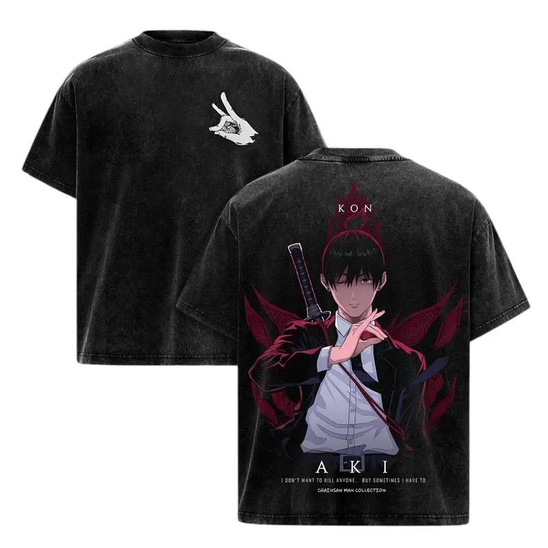 Hayakawa Aki Printed Tee Anime Chainsaw Man Clothing Men Women Retro Washed T-shirts Short Sleeve Tshirt Harajuku Cotton T Shirt