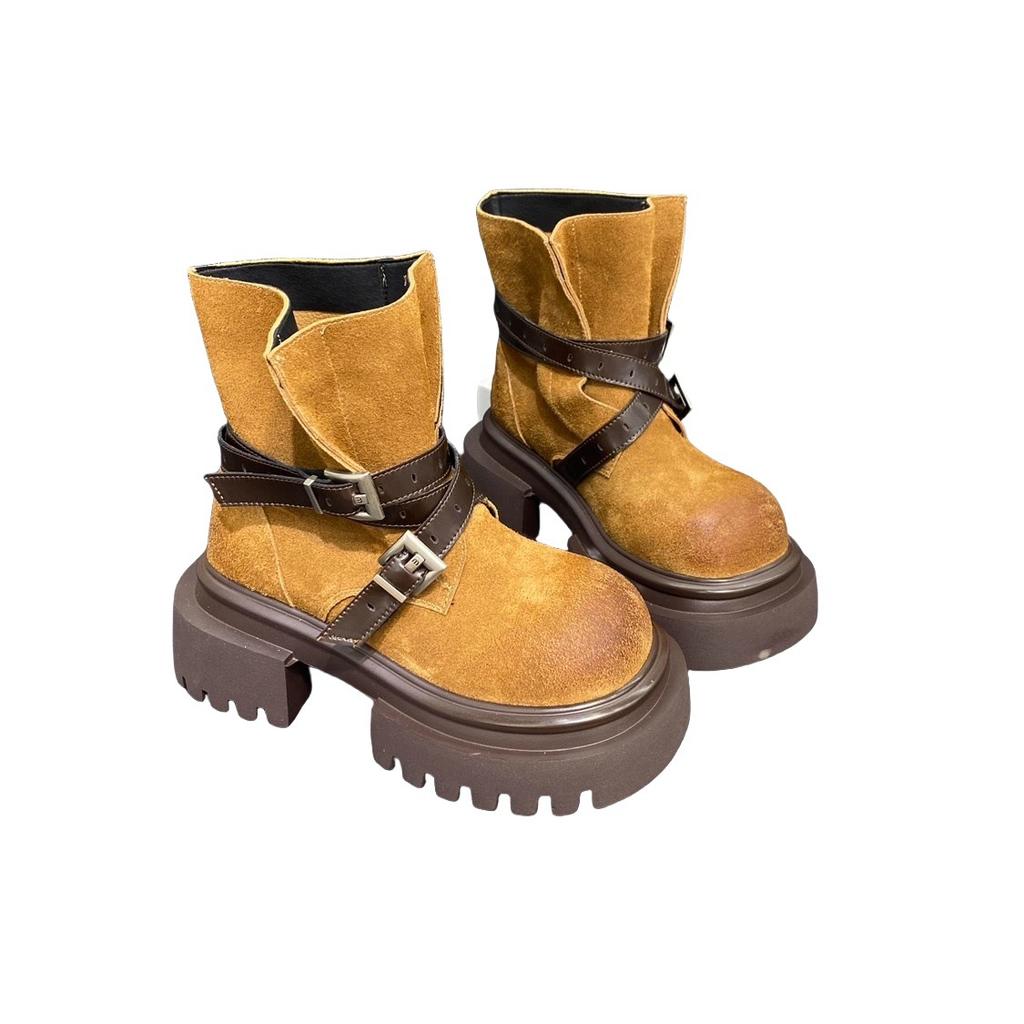 Retro belt buckle thick-soled Martin boots for women's 2025 new fashionable versatile casual and comfortable rhubarb boots