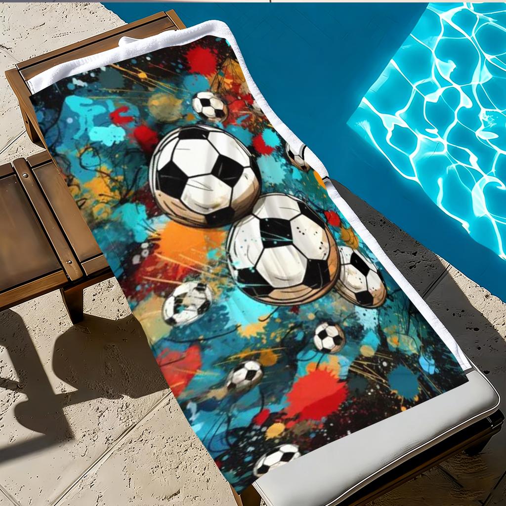 Graffiti Soccer Ball Beach Towel, Abstract Color Splash Football Print Microfiber Towel, Quick Dry Sports Bath Towel for Men Boy