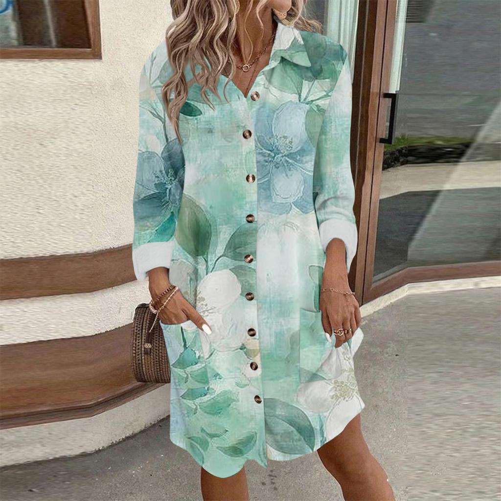 Women's Fashion Temperament Autun And Winter Button Lapel Pocket Long Sleeve Floral Print Dress