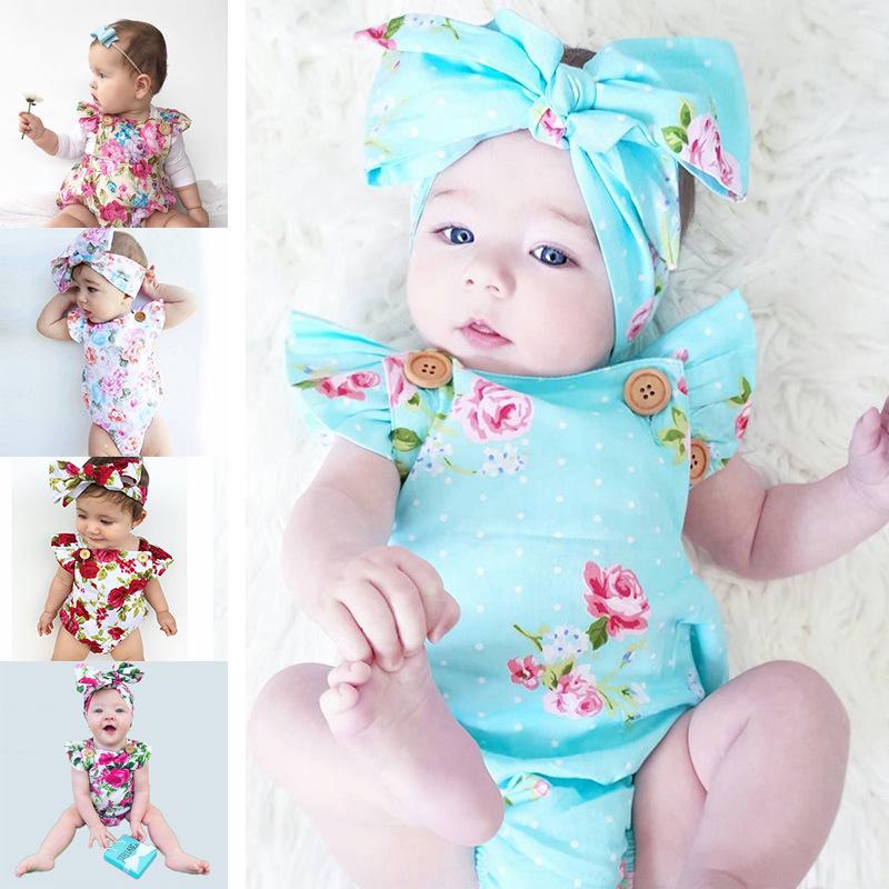 Fashion Sweet Newborn Baby Girl Romper Bodysuit Jumpsuit Clothes Outfits 2PCS Set 0-24M