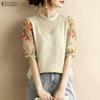 ZANZEA Women Casual Round Neck Print Splice Half Sleeve Lace Blouse