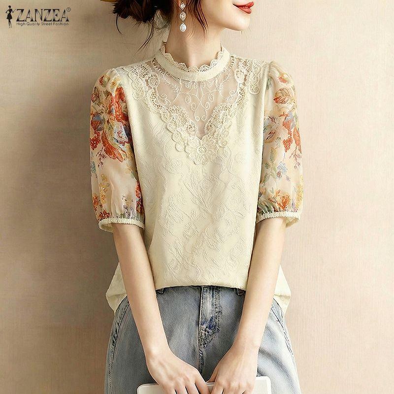 ZANZEA Women Casual Round Neck Print Splice Half Sleeve Lace Blouse