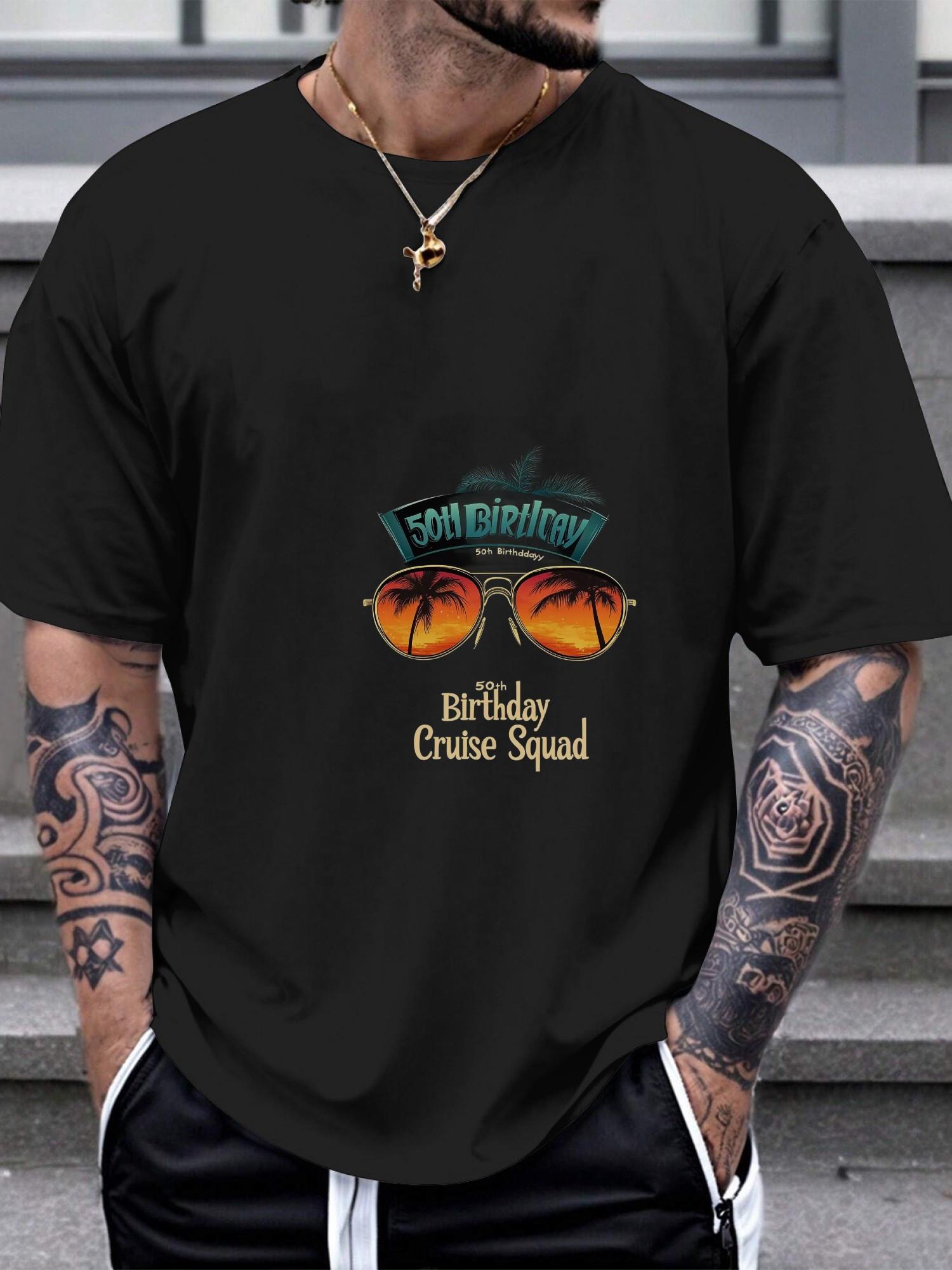 

1pc 50th Birthday Cruise Squad T-shirt - Black with Retro Glasses & Palm Tree Design XXXL