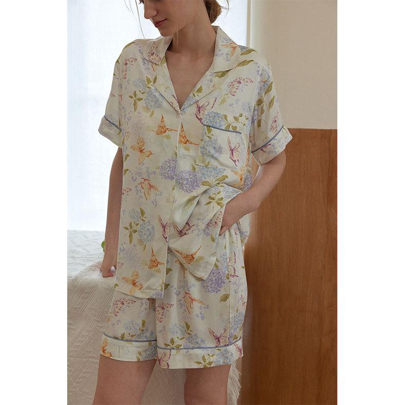 New summer products, with chest pads, human cotton satin, women's lapel print short-sleeved pajama set can be worn outside