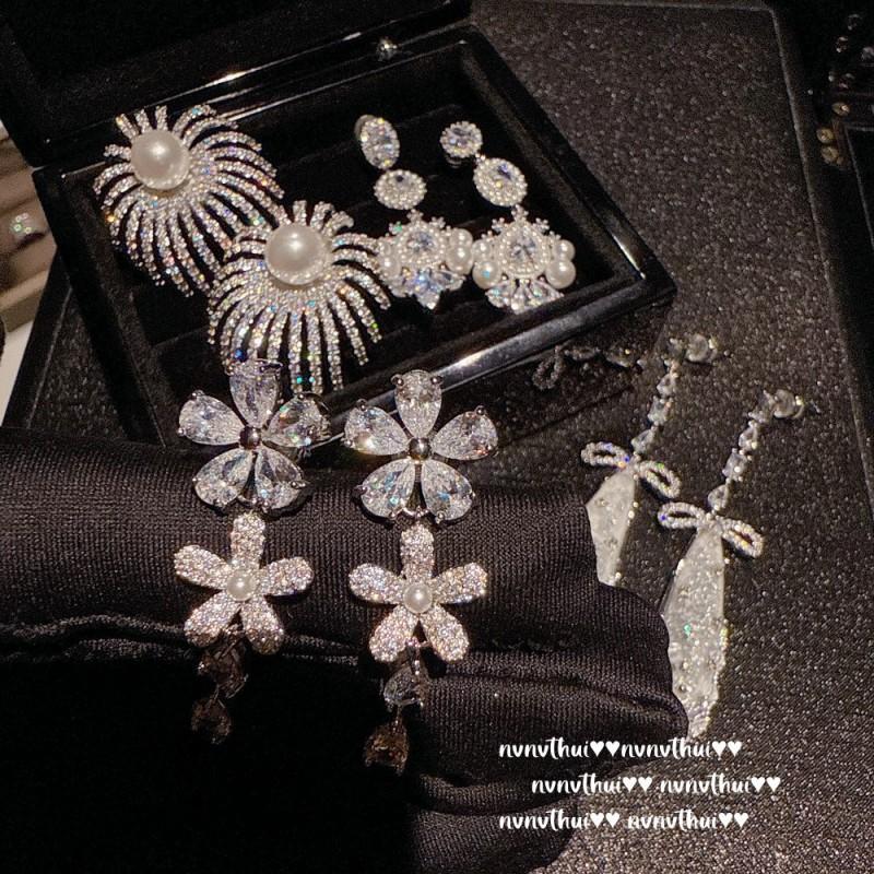 Vintage Floral Drop Earrings With Cubic Zirconia Pearl Beads Post Retro Bohemian Jewelry Women